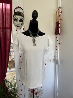 Ann Taylor Factory White Short Sleeve Top with Pom Trim